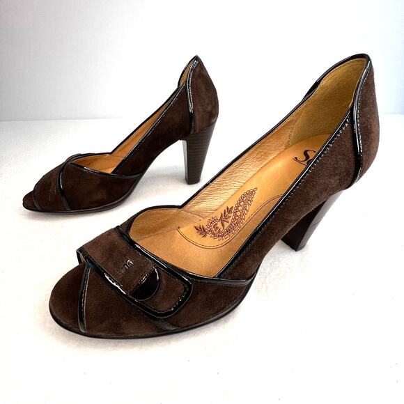 Sofft Womens Classic Pumps Size 7.5M Brown Suede Patent Leather Trim Peep Toe - Picture 4 of 12